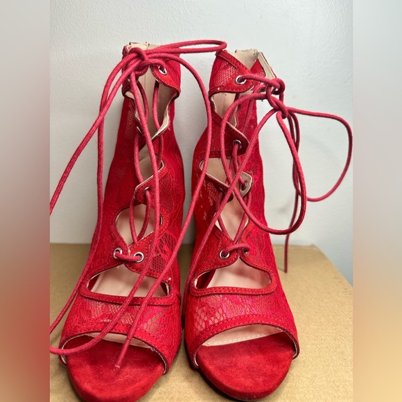 Red Wrap Around Ankle Lace Up Heels / Charlotte Russe - Picture 8 of 13